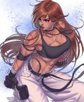  1girl abs baggy_pants belt black_belt black_choker black_gloves black_sports_bra borrowed_character breasts brown_hair choker cleavage clenched_hands commentary commission cross cross_necklace dark-skinned_female dark_skin english_commentary fingerless_gloves gloves highres jewelry long_hair martial_arts_belt medium_breasts midriff mma_gloves muscular muscular_female necklace original pants scar shana_lastname_(austonish1) solo sports_bra superbull too_many_scars very_long_hair white_pants 