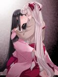  2girls barefoot black_hair bow closed_mouth commentary_request face-to-face fujiwara_no_mokou full_body grey_eyes grey_hair grey_shirt hair_bow hand_on_another&#039;s_hip hand_on_another&#039;s_shoulder highres hime_cut houraisan_kaguya long_hair long_sleeves mokoiscat multiple_girls pants pink_shirt red_bow red_eyes red_pants shirt signature smile strap_slip touhou two-tone_bow very_long_hair white_bow wide_sleeves yuri 