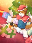 anthro bell canid canine canis christmas christmas_clothing christmas_headwear clothed clothing diaper domestic_dog footwear gift_box happy hat headgear headwear hi_res holidays luce_bontemps male mammal santa_hat socks solo wearing_diaper