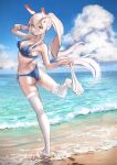  1girl :p absurdres alternate_costume armpits ass ayanami_(azur_lane) azur_lane bangs bare_back beach bikini blue_bikini blue_sky breasts catumi_(ta938_ka23) cleavage cloud cloudy_sky commentary_request contemporary eyebrows_visible_through_hair food from_behind hair_ornament hairclip headgear highres holding horizon long_hair looking_at_viewer looking_back midriff ocean orange_eyes ponytail popsicle retrofit_(azur_lane) side-tie_bikini sidelocks sky solo standing standing_on_one_leg swimsuit thighhighs thighhighs_pull thighhighs_removed tongue tongue_out wet wet_thighhighs white_legwear wind 