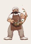  1boy apron beard black_hair brown_apron casual chef chef_hat contemporary dungeon_meshi dwarf eahsu1994 facial_hair flipping_food food frying_pan full_body grey_pants hat highres holding holding_spatula legs_apart long_hair long_sleeves looking_down male_focus pants senshi_(dungeon_meshi) shoes shrimp simple_background sleeves_rolled_up solo spatula steam vegetable white_footwear white_headwear 