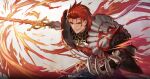  1boy absurdres armor clawed_gauntlets commentary_request eyes_visible_through_hair fire gauntlets granblue_fantasy hair_slicked_back highres holding holding_sword holding_weapon injury looking_at_viewer male_focus outstretched_arm pauldrons percival_(granblue_fantasy) red_eyes red_hair saku_(sakudeji) shoulder_armor smile solo subtitled sword translation_request weapon 