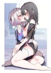  2girls absurdres after_kiss barefoot black_hair blue_eyes blurry blurry_background blush border bottomless breasts breath dated_commentary eye_contact face-to-face from_side half-closed_eyes hand_in_another&#039;s_hair hand_on_another&#039;s_ass hand_on_another&#039;s_back highres honkai:_star_rail honkai_(series) indoors long_hair long_sleeves looking_at_another march_7th_(honkai:_star_rail) medium_breasts medium_hair multiple_girls nipples off_shoulder open_clothes open_mouth outside_border partially_undressed pink_hair profile sajin_(user_pvrm4582) saliva saliva_trail sitting sleeves_past_elbows stelle_(honkai:_star_rail) thigh_strap trailblazer_(honkai:_star_rail) white_border yellow_eyes yuri 
