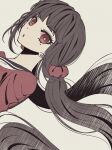  1girl :o black_sailor_collar brown_hair danganronpa_(series) danganronpa_v3:_killing_harmony earrings grey_background hair_ornament hair_scrunchie harukawa_maki highres jewelry long_hair low_twintails mole mole_under_eye portrait red_eyes red_scrunchie red_shirt sailor_collar satori_(aosky9077) scrunchie shirt simple_background solo twintails 