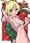  1girl antlers bikini blonde_hair dragon_girl dragon_horns dragon_tail highres horns kicchou_yachie looking_at_viewer micro_bikini navel nioti red_eyes short_hair smile swimsuit tail touhou turtle_shell yellow_horns 