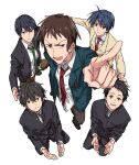  5boys :d black_hair black_jacket blazer brown_eyes brown_footwear brown_hair brown_pants clannad closed_mouth collared_shirt commentary_request company_connection crossover free! from_above fukube_satoshi gakuran green_eyes green_jacket green_necktie hare_hare_yukai highres hyouka iwatobi_high_school_uniform jacket kamiyama_high_school_uniform_(hyouka) kita_high_school_uniform kugucho kyon kyoto_animation loafers long_hair long_sleeves looking_at_viewer male_focus multiple_boys multiple_crossover nanase_haruka_(free!) necktie okazaki_tomoya open_clothes open_jacket open_mouth oreki_houtarou pants school_uniform shirt shoes short_hair simple_background smile suzumiya_haruhi_no_yuuutsu white_background white_shirt winter_uniform yellow_jacket 