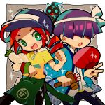  1girl 2boys 73_(naa) andou_ringo apple apron black_pants blue_headwear clenched_hand daikon drill_hair ecolo_(puyopuyo) food fruit green_apron green_eyes hair_over_eyes hand_fan haori holding holding_fan japanese_clothes kendama multiple_boys open_mouth pants purple_eyes puyopuyo puyopuyo_7 radish sasaki_maguro shirt short_hair twin_drills waist_apron yellow_shirt 