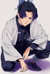  1girl black_hair butterfly_hair_ornament gakuran hair_ornament hair_over_one_eye haori highres japanese_clothes kimetsu_no_yaiba kochou_shinobu lips purple_eyes purple_hair roru_(lol_dessin) school_uniform serious short_hair solo squatting 