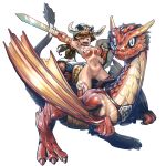  1girl 1other 2024 absurdres armor bedroll bikini bikini_armor chinese_zodiac commentary_request dragon fake_horns fangs fantasy full_body gauntlets helmet highres holding holding_shield holding_sword holding_weapon horned_helmet horns knee_pads long_hair m.u.g.e.n oggy_(oggyoggy) original red_bikini red_thighhighs riding ryuko_(oggyoggy) saddle shield swimsuit sword thighhighs transparent_background weapon western_dragon wings year_of_the_dragon 