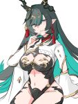  1girl artist_request black_hair breast_cutout breasts cleavage cleavage_cutout clothing_cutout colored_inner_hair detached_sleeves dragon_girl dragon_horns draph gradient_hair granblue_fantasy green_eyes green_hair hair_ornament horn_ornament horns large_breasts leotard long_hair looking_at_viewer mole mole_under_mouth multicolored_eyes multicolored_hair naughty_face navel_cutout open_mouth payila_(granblue_fantasy) pointy_ears red_eyes smile solo stomach_cutout tassel tassel_hair_ornament two-tone_eyes two-tone_hair very_long_hair white_background 