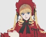  1girl black_bow black_neckwear black_ribbon blonde_hair blue_eyes bonnet bow bowtie closed_mouth dress hair_ribbon long_hair looking_at_viewer red_dress ribbon rozen_maiden sankomichi shinku sidelocks simple_background sketch solo twintails white_background 