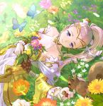  1girl blue_eyes bug butterfly commission commissioner_upload dress eir_(fire_emblem) field fire_emblem fire_emblem_heroes flower flower_field food fruit grass highres holding holding_food holding_fruit long_hair long_sleeves lying minorudonguri on_back on_grass ponytail skeb_commission solo squirrel sunflower tiara very_long_hair white_dress white_hair yellow_dress 