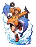  1girl absurdres anchor bike_shorts cabbie_hat dolphin fingerless_gloves gloves guilty_gear guilty_gear_strive hat hat_ornament highres holding holding_anchor hood hoodie hungry_clicker jacket may_(guilty_gear) orange_footwear orange_headwear orange_hoodie orange_jacket orange_shirt shirt simple_background skull_and_crossbones skull_hat_ornament solo white_background 