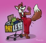 2023 anthro big_butt bucket butt canid canine chest_tuft clothing container fox keenfox male mammal open_mouth overalls payless_diy pink_background raised_arm raised_tail red_overalls shopping_cart signature simple_background solo solo_focus standing tail tuft