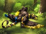 avian black body braclets bronze butt canid canine chest_up claws clearing_in_the_woods ear_piercing ear_ring feathers field genitals glade gold grass gryphon hole_(disambiguation) invalid_background legs lying lying_on_his_back mammal mythological_avian mythology nature on_back on_ground pawpads piercing plant pose pussy rear_view ring_piercing spreading wings