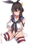  1girl absurdres black_hair black_hairband black_neckerchief black_panties blue_sailor_collar blush breasts cosplay crop_top elbow_gloves gloves hairband highleg highleg_panties highres kantai_collection large_breasts long_hair looking_at_viewer multicolored_hair naganami_(kancolle) navel neckerchief panties pink_hair sailor_collar shimakaze_(kancolle) shimakaze_(kancolle)_(cosplay) sitting solo striped striped_thighhighs tf_cafe thighhighs thong twitter_username underwear white_gloves yellow_eyes 
