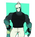 biceps black_clothing black_sclera black_shirt black_tank_top black_topwear bone bottomwear clothing fan_character fingerless_gloves gloves green_eyes handwear hi_res holding_clothing holding_object holding_shirt holding_topwear humanoid looking_away male muscular muscular_humanoid muscular_male pants shirt skull skull_head solo tank_top tealboned topwear white_bottomwear white_clothing white_pants