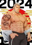  1boy 2024 abs absurdres bara beard biceps blonde_hair brown_eyes bulge chinese_zodiac dragon_tattoo facial_hair feet_out_of_frame full_beard happy_new_year highres large_pectorals looking_at_viewer male_focus manly mature_male mizuki_gai muscular muscular_male navel new_year nipples original pants pectorals scar shirt short_hair smirk solo spiked_hair stomach strongman_waist tattoo thick_arms thick_beard thick_eyebrows thick_navel_hair track_pants year_of_the_dragon 