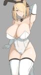  1girl alternate_breast_size alternate_costume alternate_hairstyle armpits blonde_hair breasts cynthia_(pokemon) grey_eyes highleg highres large_breasts playboy_bunny pokemon presenting_armpit solo tatsu_(user_rjes8545) 