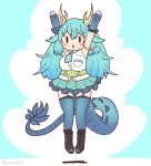  1girl animal_ears black_eyes blue_background blue_dragon_(kemono_friends) blue_hair boots coroha dragon_girl dragon_horns dragon_tail elbow_gloves extra_ears fingerless_gloves full_body gloves horns jumping kemono_friends kemono_friends_3 long_hair looking_at_viewer necktie shirt simple_background skirt sleeveless sleeveless_shirt solo tail thighhighs 