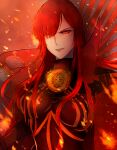 1girl armored_boots black_bodysuit bodysuit boots cape chain collared_cape family_crest fate/grand_order fate_(series) fire hair_over_one_eye looking_at_viewer medallion oda_nobunaga_(fate) oda_nobunaga_(maou_avenger)_(fate) oda_uri parted_lips popped_collar red_cape red_eyes red_hair red_theme smirk solo tay_yisiang tight_top upper_body 