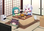  3girls :3 =_= ahoge animal_ears blush chibi closed_eyes closed_mouth commentary_request controller cup curtained_hair cushion food fox_ears fruit fusuma green_hair green_hairband grey_hair hairband headgear highres holding holding_cup indoors jitome kotatsu lying mandarin_orange multiple_girls ne_an_ito no_mouth on_stomach open_mouth orange_peel pink_eyes remote_control rice_cooker shouji siblings sisters sliding_doors smile table tatami touhoku_itako touhoku_kiritan touhoku_zunko trash_can twintails under_kotatsu under_table voiceroid watching_television yunomi zabuton zunda_mochi 
