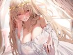  1girl bare_shoulders bed blonde_hair blush breasts commission curtains detached_sleeves dress dutch_angle gold_necklace hair_between_eyes hand_on_own_face head_chain highres huge_breasts jewelry lingerie long_hair long_sleeves looking_at_viewer necklace nightgown oreazu original outstretched_arm parted_lips pillow red_eyes seductive_smile skeb_commission smile solo strapless strapless_dress tiara underwear very_long_hair white_nightgown white_sleeves 