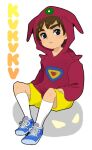  1boy blue_eyes blue_footwear brown_hair chargeman_ken! izumi_ken jacket jiyoko jural purple_jacket shorts simple_background solo solo_focus yellow_shorts 