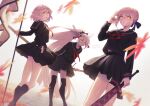  3girls artoria_pendragon_(all) bangs black_legwear black_serafuku black_skirt fate/grand_order fate_(series) flag hair_ribbon hairband highres holding holding_flag holding_sword holding_weapon jeanne_d&#039;arc_(alter)_(fate) jeanne_d&#039;arc_(fate)_(all) leaf long_hair looking_at_viewer looking_back maple_leaf multiple_girls okita_souji_(alter)_(fate) okita_souji_(fate)_(all) ponytail ribbon saber_alter school_uniform serafuku short_hair silver_hair skirt sword thighhighs tsuyukusa_(eeta7273) weapon white_background yellow_eyes 