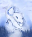  absurd_res ambiguous_gender blue_eyes blue_sclera blurred_background dragon feral fur furred_dragon hi_res markings_(fur) mountain paws snoiifoxxo solo whiskers white_body white_fur 