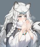  1girl allen.n animal_ear_fluff animal_ears arknights black_cape blush breasts breath breathing_on_hands bright_pupils cape dress grey_background grey_eyes highres large_breasts leopard_ears leopard_girl leopard_tail long_hair open_mouth pramanix_(arknights) simple_background solo tail tiara turtleneck upper_body very_long_hair white_dress white_hair white_pupils 