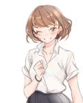  1girl blush bracelet brown_hair commentary_request green_eyes grey_skirt highres jewelry looking_at_viewer one_eye_closed original sasetsu shirt short_hair simple_background sketch skirt smile solo teeth upper_body white_background white_shirt 