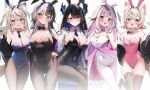  animal_ears black_bow blue_eyes bow fuwawa_abyssgard highres hololive long_hair maru_ccy mococo_abyssgard multicolored_hair nerissa_ravencroft pantyhose pink_bow pink_eyes playboy_bunny rabbit_ears shiori_novella short_hair smile thighhighs two-tone_hair white_hair 