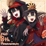  1boy 1girl belt black_cape black_hair border brother_and_sister cape closed_eyes family_crest fate/grand_order fate_(series) fiery_hair gloves hat long_sleeves looking_at_viewer medallion military_hat oda_nobukatsu_(fate) oda_nobunaga_(fate) oda_uri open_hand open_mouth orange_border otoko_no_ko peaked_cap red_cape red_eyes shako_cap siblings teeth upper_teeth_only yellow_background yzrh0 