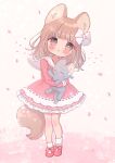  1girl :o ame_usako animal animal_ear_fluff animal_ears animal_hug bangs banned_artist blush bobby_socks bow brown_eyes brown_hair cat commentary_request dress eyebrows_visible_through_hair frilled_dress frills full_body hair_bow highres leaning_to_the_side long_hair original parted_lips petals pink_dress pink_footwear ribbon-trimmed_dress shoes signature socks solo standing tail twintails white_bow white_legwear 
