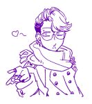  1boy artist_name blowing_kiss coat cropped_torso eyebrow_piercing glasses hand_up heart jewelry labret_piercing lineart looking_to_the_side male_focus pavia_(reverse:1999) piercing reverse:1999 ring sakita_pani scarf short_hair signature solo upper_body 
