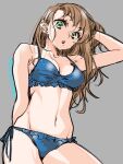  1girl bikini blue_bikini breasts brown_hair commentary_request green_eyes grey_background hand_in_own_hair highres long_hair looking_at_viewer medium_breasts mole mole_under_eye navel open_mouth original sasetsu side-tie_bikini_bottom simple_background sketch solo swimsuit 