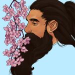  1boy beard black_hair blending blue_background branch dungeon_meshi dwarf facial_hair flower hair_pulled_back highres long_beard long_hair looking_ahead male_focus no_headwear pink_flower portrait profile rrrhakshasa senshi_(dungeon_meshi) simple_background solo 