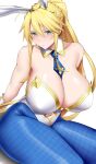  1girl absurdres ahoge animal_ears arind_yudha artoria_pendragon_(fate) artoria_pendragon_(swimsuit_ruler)_(fate) bare_shoulders blonde_hair blue_pantyhose blush braid breasts cleavage clothing_cutout collarbone detached_collar fate/grand_order fate_(series) fishnet_pantyhose fishnets french_braid gold_trim green_eyes hair_between_eyes highleg highleg_leotard highres large_breasts leotard long_hair looking_at_viewer navel navel_cutout necktie pantyhose playboy_bunny ponytail rabbit_ears sidelocks sitting solo thighs tiara white_leotard wrist_cuffs 