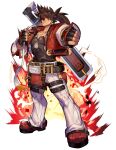  1boy absurdres belt black_shirt brown_hair explosion fingerless_gloves gloves guilty_gear guilty_gear_strive headband highres hungry_clicker jacket looking_at_viewer male_focus muscular muscular_male pectoral_cleavage pectorals ponytail red_jacket shirt simple_background sol_badguy solo spiked_hair standing thumbs_down white_background 