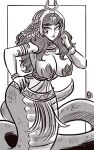  1girl absurdres armlet border bracer breasts cleavage commentary commission covered_nipples english_commentary facial_mark fingernails full_body greyscale hand_on_own_hip headdress highres indie_virtual_youtuber jewelry lamia large_breasts long_hair looking_to_the_side monochrome monster_girl outside_border parted_lips pasties pelvic_curtain revealing_clothes scales scruffyturtles second-party_source sharp_fingernails signature simple_background slit_pupils solo usekh_collar vexoria_the_sun_eater virtual_youtuber white_background wide_hips 