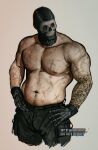  1boy arm_tattoo bara black_gloves black_pants call_of_duty call_of_duty:_modern_warfare_2 ghost_(modern_warfare_2) gloves hands_on_own_hips highres large_pectorals male_focus mask muscular muscular_male navel nipples pants pectorals scar scar_on_arm scar_on_chest simple_background skull_mask solo tattoo topless_male twitter_username umikochannart 