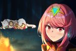  2girls blush campfire closed_mouth dromarch_(xenoblade) earrings full_body highres jewelry looking_at_viewer multiple_girls nia_(xenoblade) portrait poteto_(potetosarada123) pyra_(xenoblade) red_hair short_hair sleeping smile tiara xenoblade_chronicles_(series) xenoblade_chronicles_2 