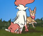 blush canid canine canis digging digital_media_(artwork) dirt duo elly_(heliofox) female fennec feral flustered food fox fruit fur gardening grass heliofox mammal nude open_mouth outside peeking plant quadruped sierra_(heliofox) simple_background strawberry