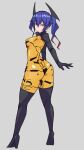  1girl ass blue_hair bodysuit breasts covered_nipples grey_background high_heels highres horns ka-10 looking_at_viewer medium_breasts multicolored_hair original outstretched_arms plugsuit short_hair skin_tight solo thighhighs twintails two-tone_bodysuit two-tone_hair yellow_background yellow_bodysuit 