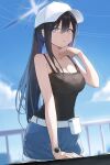  1girl absurdres black_camisole black_hair blue_archive blush breasts camisole cleavage denim denim_shorts hair_between_eyes halo highres jiang_zhuti_jiojio long_hair looking_at_viewer medium_breasts outdoors ponytail railing saori_(blue_archive) shorts sidelocks solo very_long_hair watch white_headwear wristwatch 