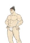  1boy abs bara black_hair bulge couple feet_out_of_frame fundoshi hands_on_own_hips highres japanese_clothes jujutsu_kaisen kobikimaru large_pectorals looking_ahead male_focus multiple_boys muscular muscular_male navel nipples pectorals scar scar_across_eye short_hair sideburns solo standing stomach strongman_waist thick_thighs thighs topless_male toudou_aoi_(jujutsu_kaisen) 