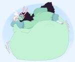 4_toes anthro antlers belly big_belly blue_body deer drinking expansion feet fur green_body green_fur hooves horn hyper hyper_belly immobile inflation male mammal new_world_deer reindeer saonimorro simple_background solo toes