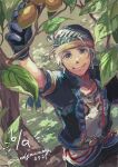  1boy belt berry blue_eyes earrings final_fantasy final_fantasy_vi gloves grey_hair head_scarf highres jewelry leaf locke_cole male_focus multicolored_clothes multicolored_headwear necklace outdoors shirt short_hair smile tree twitter_username uedymummy0921 