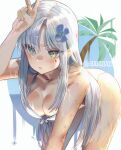  1girl artist_name bangs bikini breasts cleavage collarbone eyebrows_visible_through_hair facial_mark girls_frontline green_eyes hair_ornament hairclip hani_haya highres hk416_(girls_frontline) large_breasts long_hair palm_tree silver_hair solo swimsuit teardrop tree white_bikini 